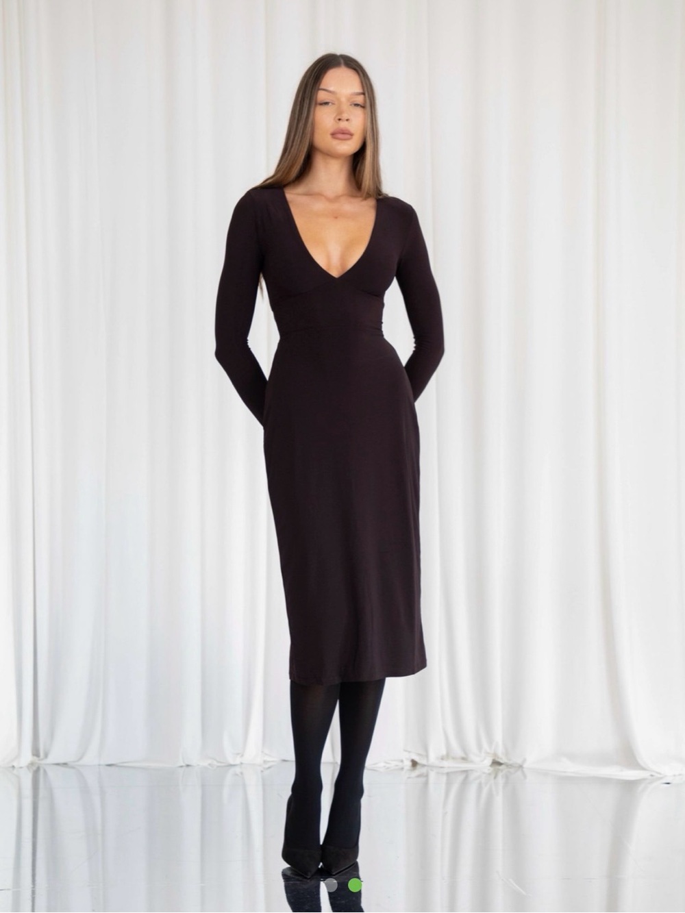 AYM Long Sleeve Deep V Midi Dress in Black